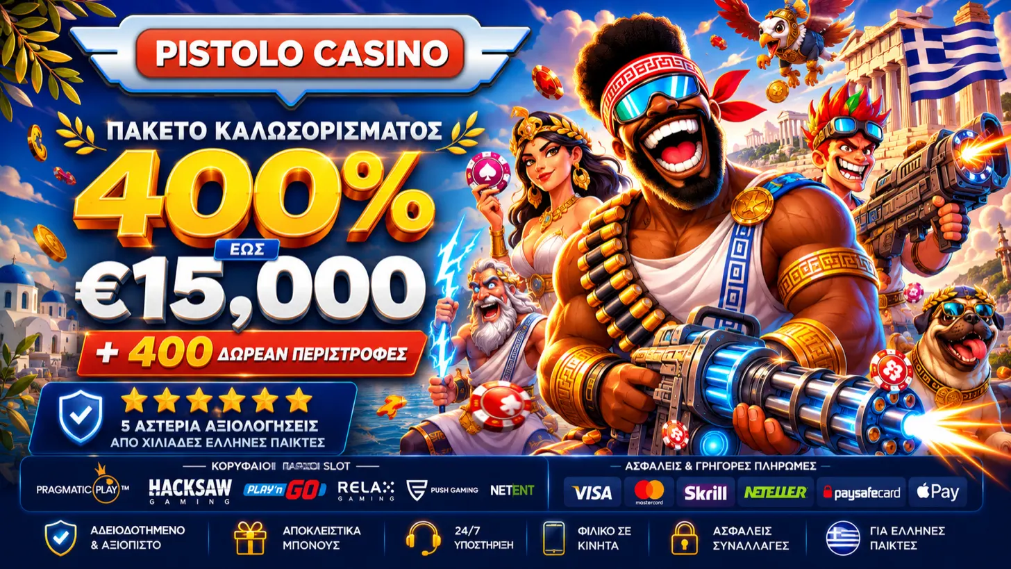 Pistolo Casino — πακέτο καλωσορίσματος 400% έως €15.000 + 400 δωρεάν περιστροφές